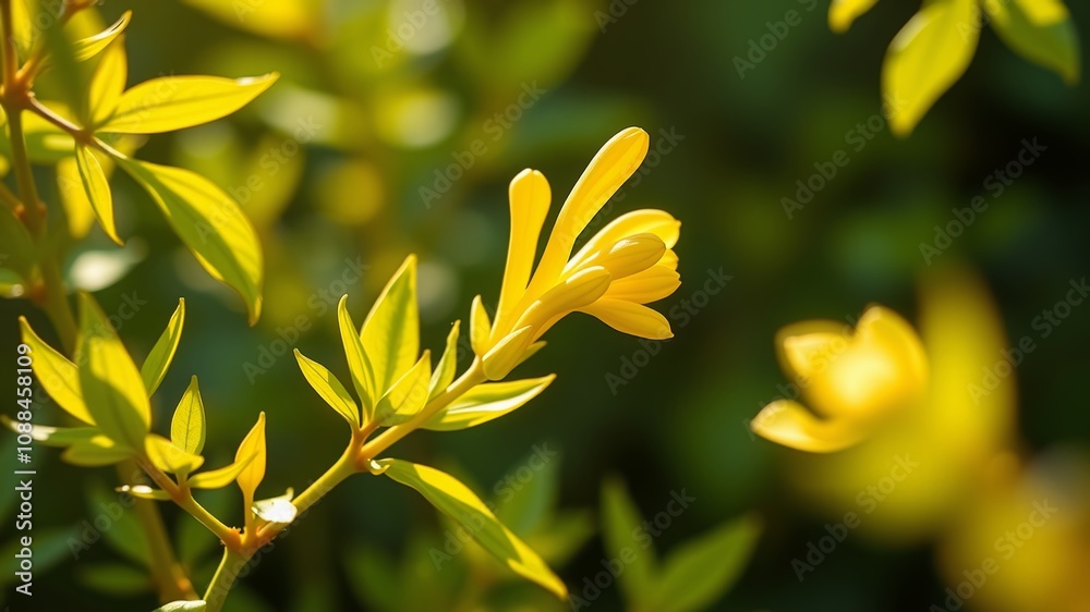 Fototapeta premium A vibrant, yellow-green flowering plant with delicate, tubular blossoms emerging from slender stems amidst lush,