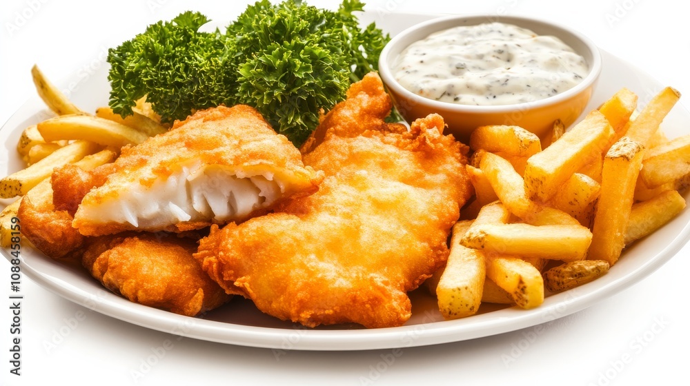 A plate of crispy fish and chips with golden-brown battered fish fillets, thick-cut fries, and a side of tartar sauce A plate of crispy fish and chips with golden-brown battered fish fillets, thick-cut fries, and a side of tartar sauce