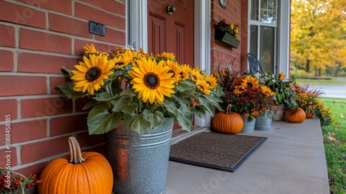 Autumnal Porch Decor with Sunflowers, Pumpkins, and Fall Foliage