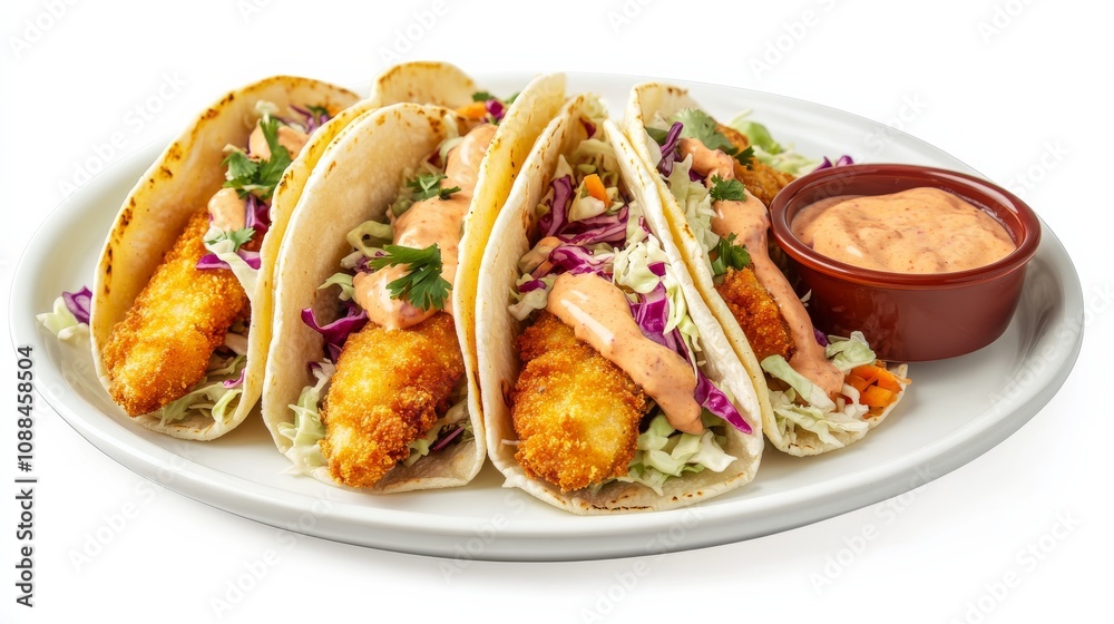 A plate of crispy fish tacos with battered fish fillets, cabbage slaw, and chipotle mayo A plate of crispy fish tacos with battered fish fillets, cabbage slaw, and chipotle mayo