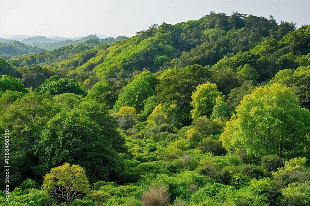 Vibrant Forest Scenery Featuring Green Trees and Lush Shrubs on a Clear Background Vibrant Forest Scenery Featuring Green Trees and Lush Shrubs on a Clear Background