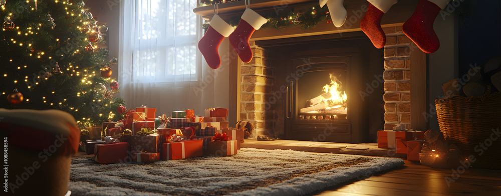 A warm, glowing Christmas tree with candles adorns the living room fireplace, casting a cozy glow on the wintery interior A warm, glowing Christmas tree with candles adorns the living room fireplace, casting a cozy glow on the wintery interior