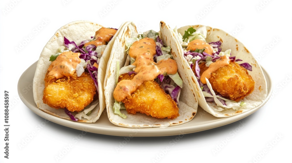 A plate of crispy fish tacos with battered fish fillets, cabbage slaw, and chipotle mayo A plate of crispy fish tacos with battered fish fillets, cabbage slaw, and chipotle mayo
