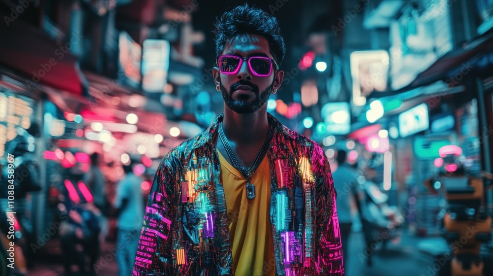 Neon Nights: A Cyberpunk Portrait of indian Man in Vibrant City Streets Neon Nights: A Cyberpunk Portrait of indian Man in Vibrant City Streets