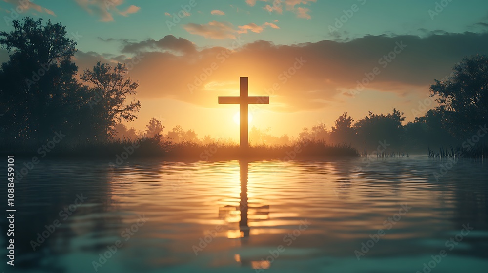 Christian cross intertwined with the image of a sunset reflecting on a still lake, the silhouette bathed in warm golden light, soft shadows forming on the water surface, Christian cross intertwined with the image of a sunset reflecting on a still lake, the silhouette bathed in warm golden light, soft shadows forming on the water surface,