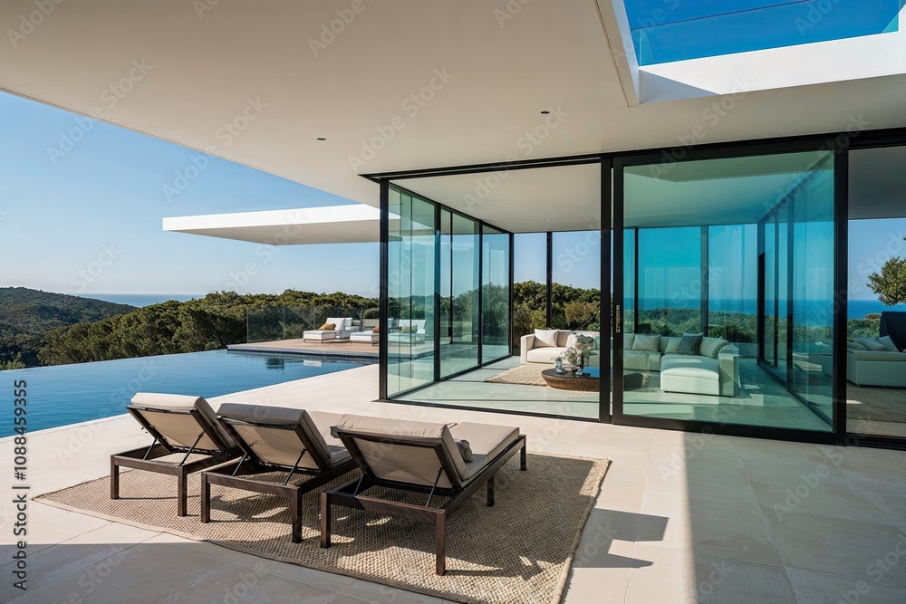 Obraz premium Luxury Villa Exterior Design Featuring Glass Panoramas Minimalist Style and Stunning Views in a Tranquil Setting