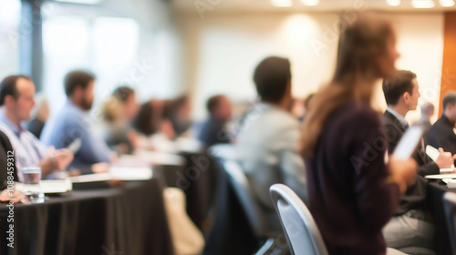 Seminar Crowd Blur: Soft-focus image of seminar attendees in a large conference room. 