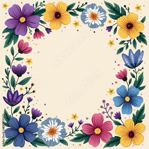 Colorful Floral Border with Various Flowers and Leaves