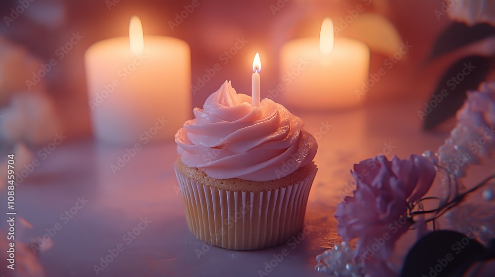 Vanilla Cupcake with Pink Frosting and Candle Vanilla Cupcake with Pink Frosting and Candle