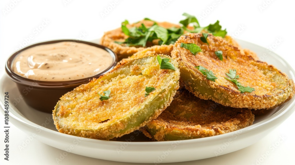 A plate of crispy fried green tomatoes with a golden cornmeal crust and a side of spicy remoulade sauce, Each slice’s tangy flavor and crunchy texture captured with precision A plate of crispy fried green tomatoes with a golden cornmeal crust and a side of spicy remoulade sauce, Each slice’s tangy flavor and crunchy texture captured with precision
