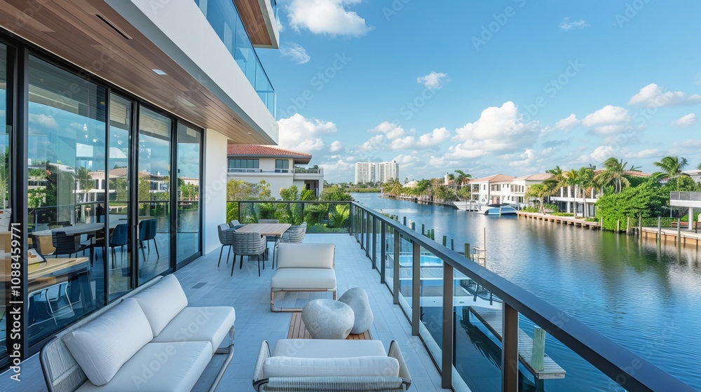 Fototapeta premium Stunning balcony in Florida. Modern architecture and design. Amazing skyline, city views, canals, and beaches.