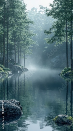 Serene forest landscape with misty reflections on calm water.