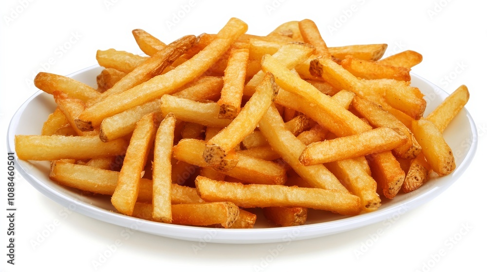 A plate of crispy, golden French fries, Their savory aroma tempting the taste buds A plate of crispy, golden French fries, Their savory aroma tempting the taste buds