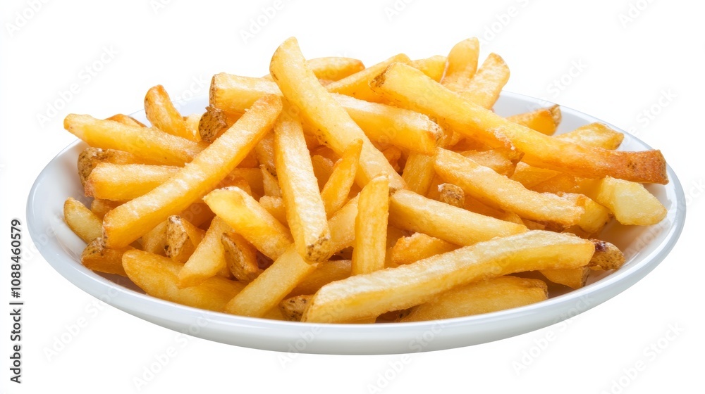 A plate of crispy, golden French fries, Their savory aroma tempting the taste buds A plate of crispy, golden French fries, Their savory aroma tempting the taste buds