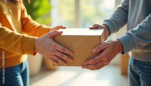 A close-up of two people exchanging a cardboard box, symbolizing delivery or gift exchange in a sunlit room.