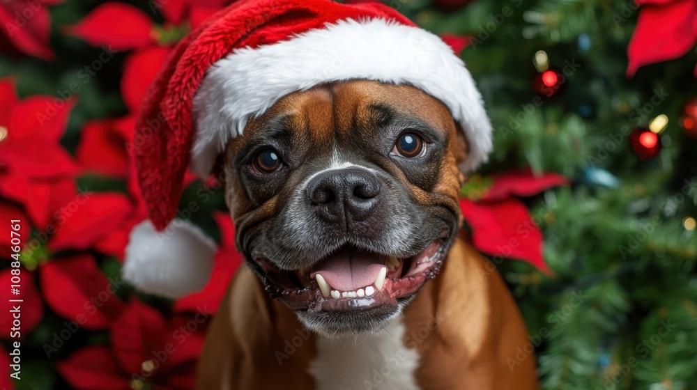 A Boxer in a Santa hat, surrounded by holiday decorations and poinsettias, smiling happily at the camera, copy space, Merry Christmas background, joyful seasonal setup, festive pet ambianc A Boxer in a Santa hat, surrounded by holiday decorations and poinsettias, smiling happily at the camera, copy space, Merry Christmas background, joyful seasonal setup, festive pet ambianc