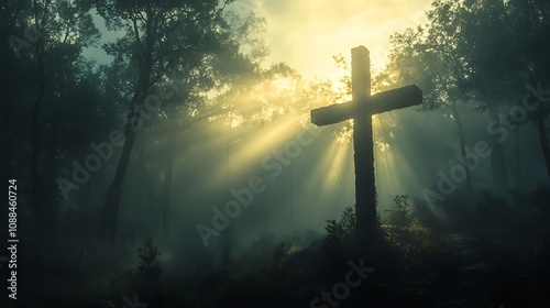 Christian cross overlaid with a misty forest at dawn, silhouettes of trees intertwining with the cross, soft beams of light piercing through the fog, tranquil and mysterious atmosphere,