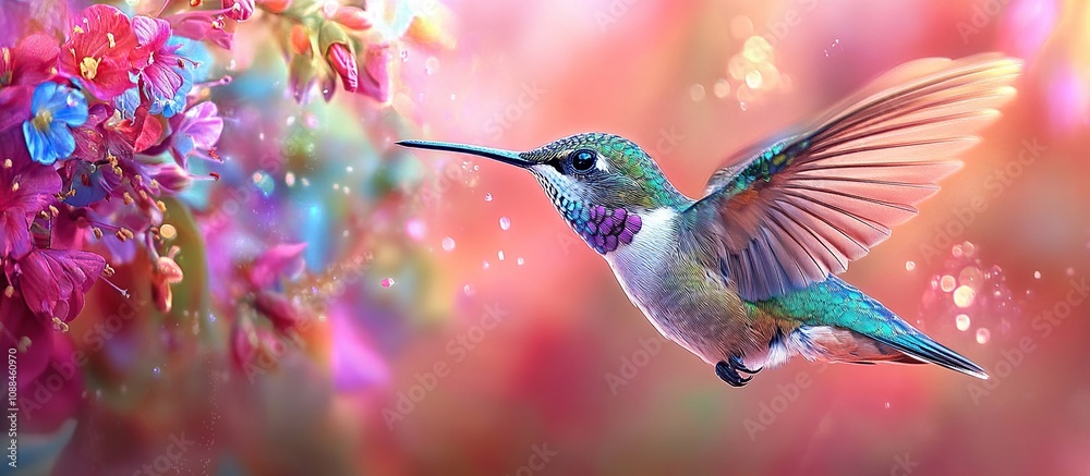 Fototapeta premium A vibrant hummingbird hovering near colorful flowers in a dreamy, soft-focus background.