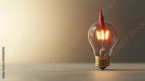 Idea, independence and leadership concept with red pencil veiled under a burning light bulb on light background. 3D rendering