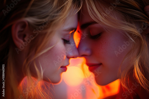 Two women share a friendly gaze, their faces lit up with smiles, amidst a bustling city street lined with colorful storefronts and passersby.