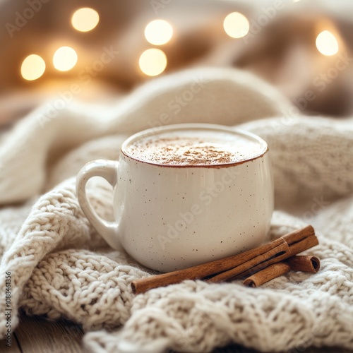 A mug of coffee garnished with cinnamon, resting atop a cozy knitted blanket, set against warm glowing lights, evokes feelings of warmth and comfort in wintertime.