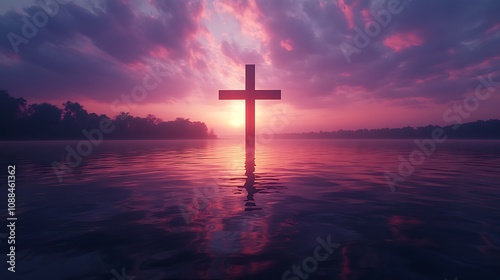 Christian cross overlaid with the tranquil reflection of a sunset on a still lake, the silhouette highlighted by the vibrant colors of the sky, soft waves gently distorting the light,