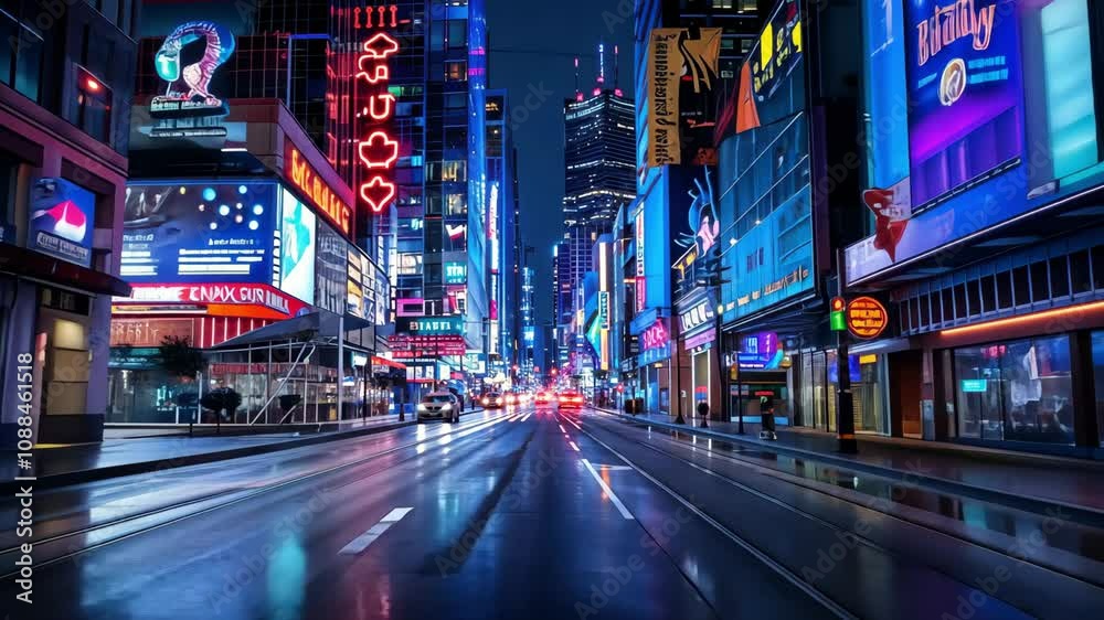 Experience the energy of a lively city street at night, where bright neon signs illuminate the wet pavement and cars glide through the reflections, creating a captivating atmosphere. Experience the energy of a lively city street at night, where bright neon signs illuminate the wet pavement and cars glide through the reflections, creating a captivating atmosphere.
