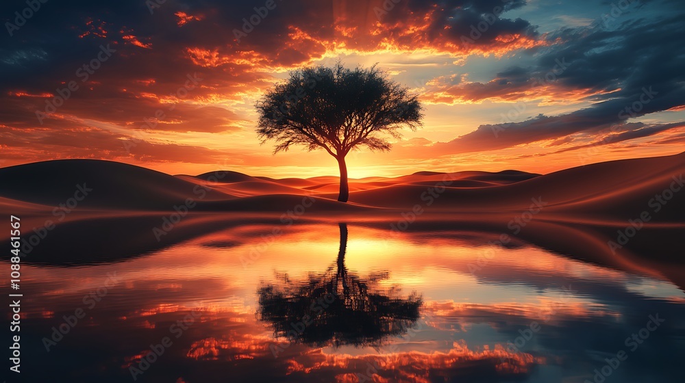 Obraz premium Cross blended with a desert landscape at sunset, the silhouette of a lone tree merging into the cross, warm tones of the sky reflecting on the sand, tranquil and ethereal scene,