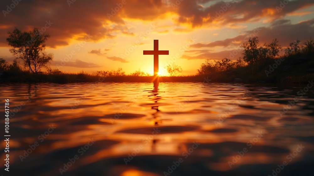 Cross blended with a tranquil lake reflecting a golden sunset, ripples forming the outline of the cross on the water surface, warm colors, peaceful and serene atmosphere, detailed reflections, Cross blended with a tranquil lake reflecting a golden sunset, ripples forming the outline of the cross on the water surface, warm colors, peaceful and serene atmosphere, detailed reflections,