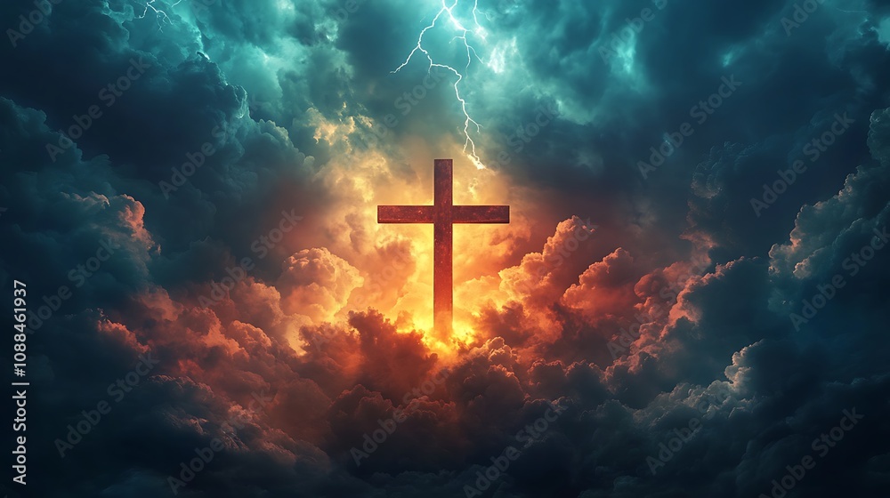 Cross blended with an ominous sky filled with storm clouds, bright streaks of lightning framing the cross, the intense light casting dramatic shadows, powerful and emotional scene,