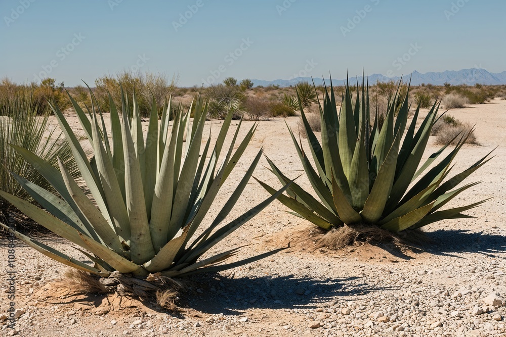 Yuccas in Dry Landscape with Gravel and Clear Sky Background Yuccas in Dry Landscape with Gravel and Clear Sky Background
