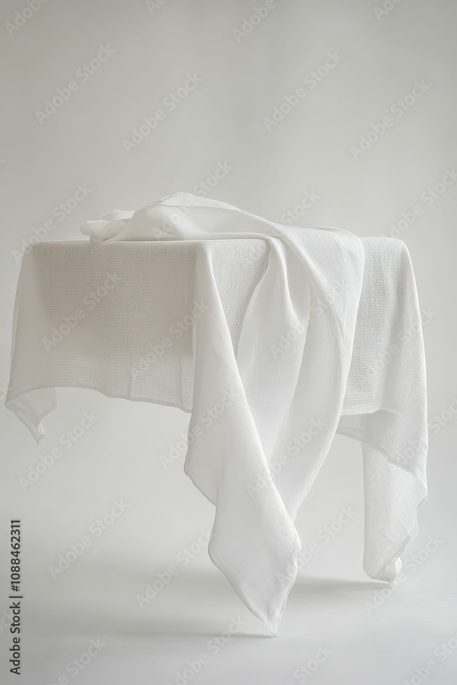 White cloth draped over table against white background. White cloth draped over table against white background.
