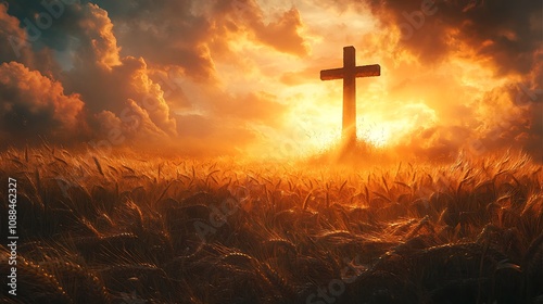 Cross blended with the image of a wheat field at golden hour, the sunlight casting a warm glow over the field and illuminating the cross silhouette, tranquil and spiritual atmosphere,