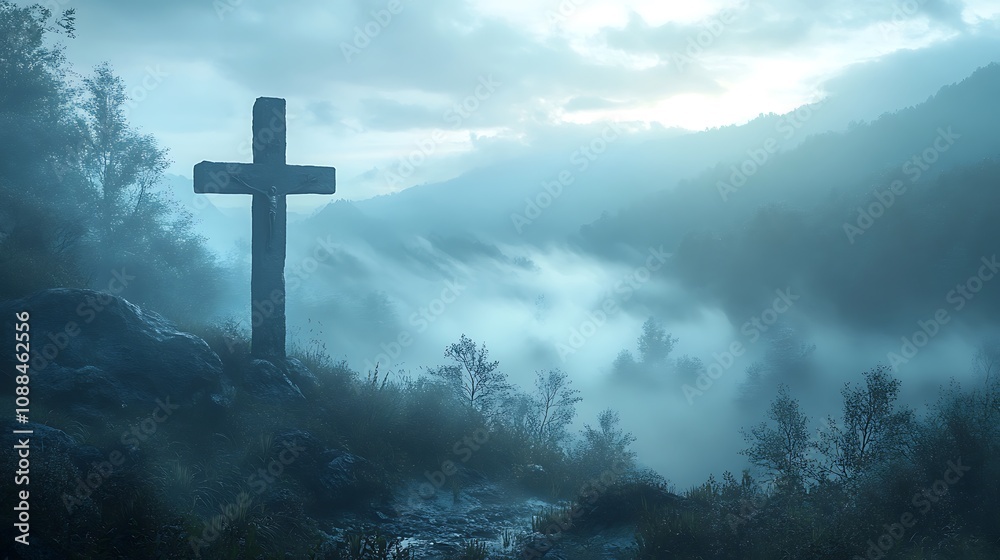 Cross blending seamlessly with the silhouette of fog-covered mountain peaks, the mist swirling around the base of the cross, soft morning hues of blue and grey, peaceful and serene, detailed textures, Cross blending seamlessly with the silhouette of fog-covered mountain peaks, the mist swirling around the base of the cross, soft morning hues of blue and grey, peaceful and serene, detailed textures,
