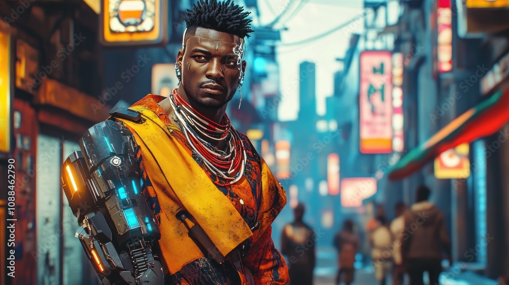 Cyberpunk Cityscape: A futuristic warrior stands defiantly amidst the neon-drenched streets of Night City. Cyberpunk Cityscape: A futuristic warrior stands defiantly amidst the neon-drenched streets of Night City.