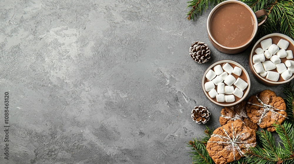 Warm and Cozy Holiday Treats with Hot Chocolate, Marshmallows, Cookies, Pine Cones, and Fresh Evergreen on a Rustic Gray Background Warm and Cozy Holiday Treats with Hot Chocolate, Marshmallows, Cookies, Pine Cones, and Fresh Evergreen on a Rustic Gray Background