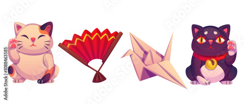 Japanese cultural symbols featuring lucky Maneki neko cats, traditional red folding fan, origami paper crane. Fortune bringing design elements with waving paw gesture and golden bell decoration.