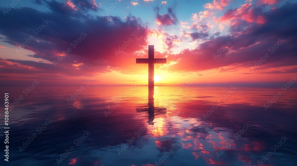 Cross silhouette intertwined with the image of a sunset reflecting on a glassy lake, the vibrant sky casting a warm glow over the water, serene and meditative feel, detailed reflections, Cross silhouette intertwined with the image of a sunset reflecting on a glassy lake, the vibrant sky casting a warm glow over the water, serene and meditative feel, detailed reflections,