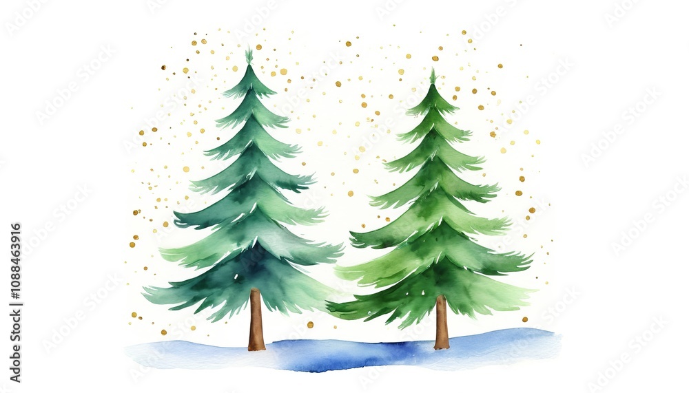Obraz premium Watercolor evergreen trees with snow and gold accents for winter decor