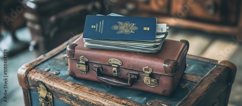 A vintage suitcase topped with a passport and travel documents, suggesting preparation for a journey. photo