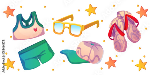 Summer vacation stuff - emerald sports bra with heart detail, green shorts, yellow sunglasses, patterned baseball cap and flip flops with red straps. Cartoon essential items for seaside voyage.
