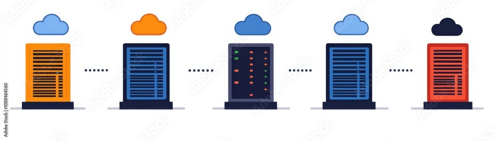 Illustration of cloud data transfer process with colorful server icons and cloud symbols. Illustration of cloud data transfer process with colorful server icons and cloud symbols.