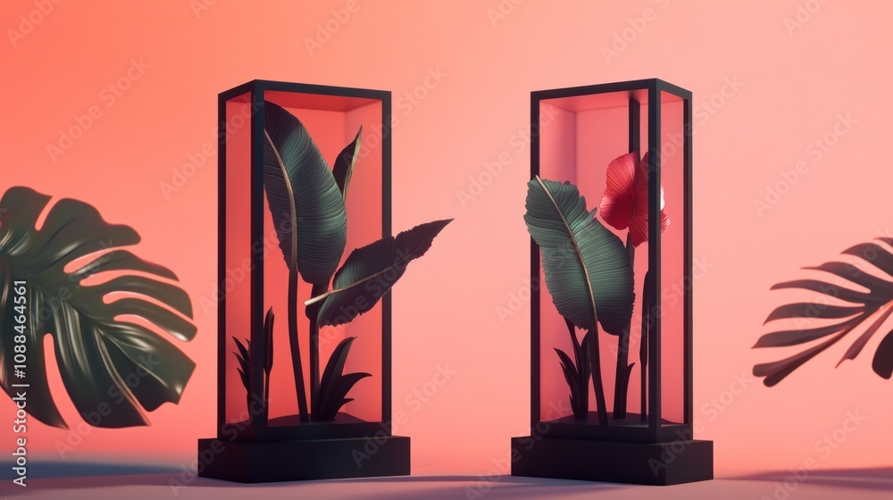 Naklejka premium Two elegant glass displays with tropical plants and vibrant colors.
