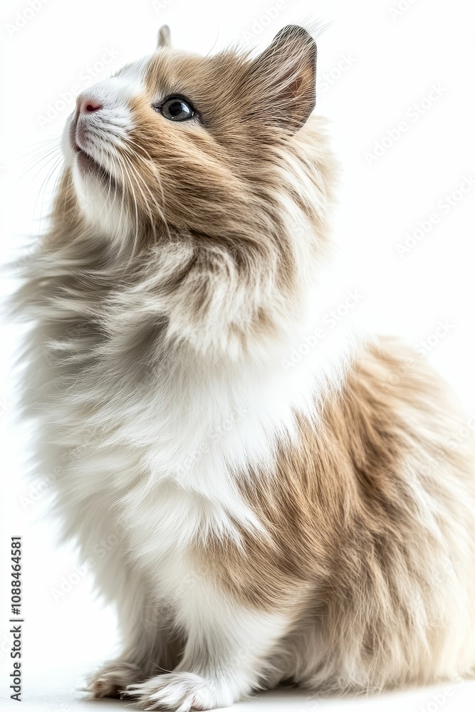 Obraz premium Fluffy, brown and white hamster looking up.