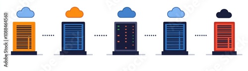 Illustration of cloud data transfer process with colorful server icons and cloud symbols.