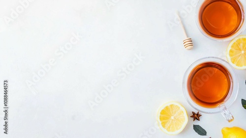 Refreshing Herbal Tea with Lemon Slices and Honey Drizzle Perfect for Calm Moments and Cozy Mornings on a Light Marble Background