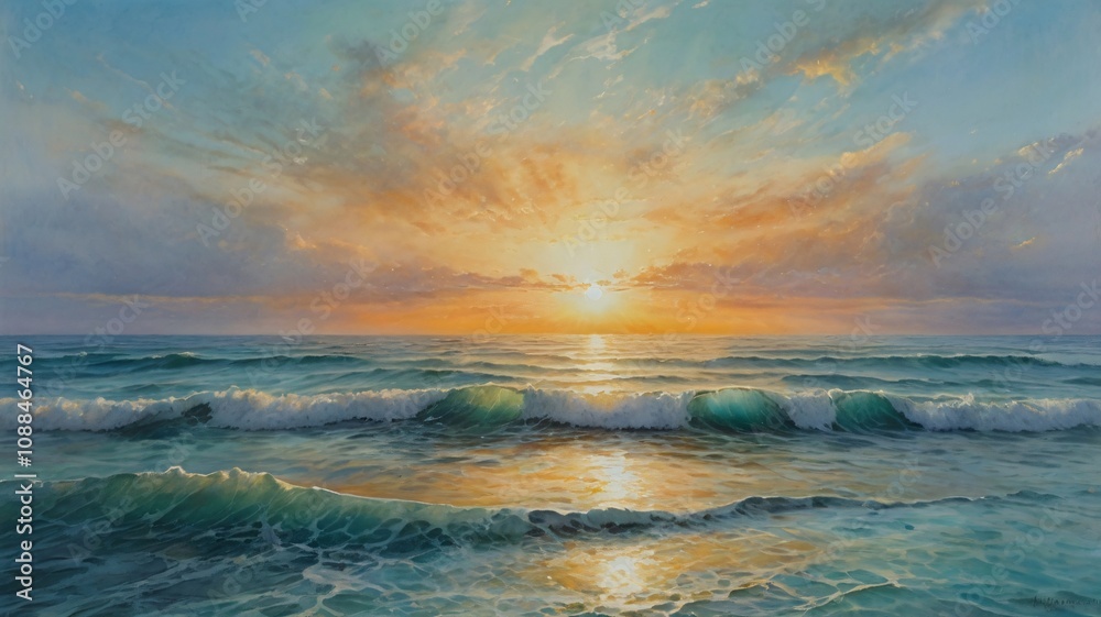 Obraz premium watercolor art, A Painting of the Sunrise over an Ocean in the style of Light turquoise and light silver V2
