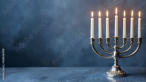 Jewish hanukkah menorah 7 branch candlestick. holiday candle holder. Seven-arm candlestick. traditional hebrew festival of lights candelabra. Banner with copy space photo