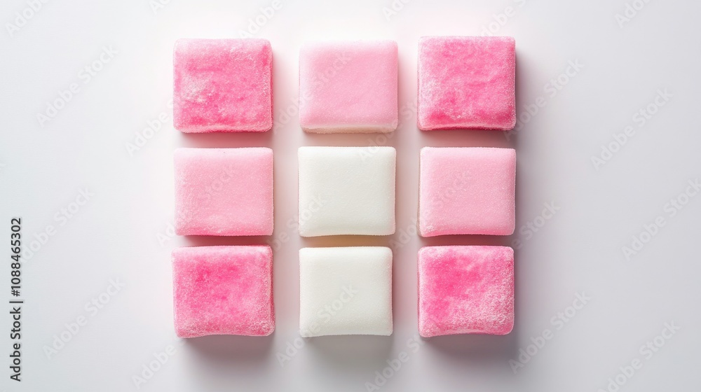 Colorful pink and white square-shaped sugar cubes arranged in a modern and artistic layout on a clean white background, ideal for culinary concepts and dessert presentations. Colorful pink and white square-shaped sugar cubes arranged in a modern and artistic layout on a clean white background, ideal for culinary concepts and dessert presentations.