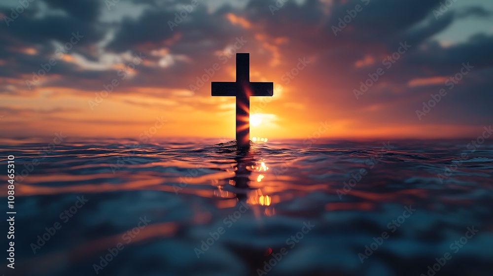 Dual exposure of a Christian cross blended with the calm waters of a lake at sunset, the sun’s rays forming a halo around the silhouette, soft ripples distorting the reflection, Dual exposure of a Christian cross blended with the calm waters of a lake at sunset, the sun’s rays forming a halo around the silhouette, soft ripples distorting the reflection,